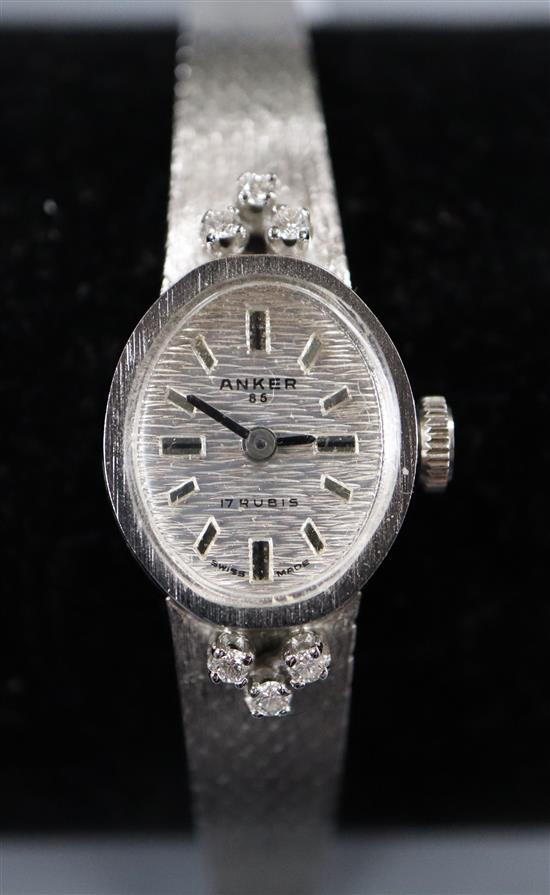 An Anker 14k white gold cocktail watch, with diamond chips set case, boxed